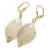 Oro Laminado Dangle Earring, Gold Filled Style Leaf and Filigree Design, with White Crystal, Diamond Cutting Finish, Golden Finish, 68.004