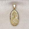 Oro Laminado Religious Pendant, Gold Filled Style Guadalupe Design, with Multicolor Cubic Zirconia, Diamond Cutting Finish, Golden Finish, 05.411.0072