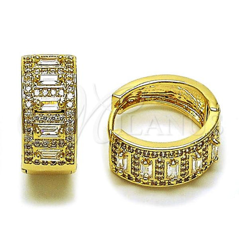 Oro Laminado Huggie Hoop, Gold Filled Style Baguette and Cluster Design, with White Cubic Zirconia and White Micro Pave, Polished, Golden Finish, 02.283.0276.20