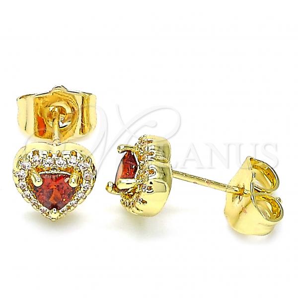 Oro Laminado Stud Earring, Gold Filled Style Heart Design, with Garnet Cubic Zirconia and White Micro Pave, Polished, Golden Finish, 02.156.0498.1