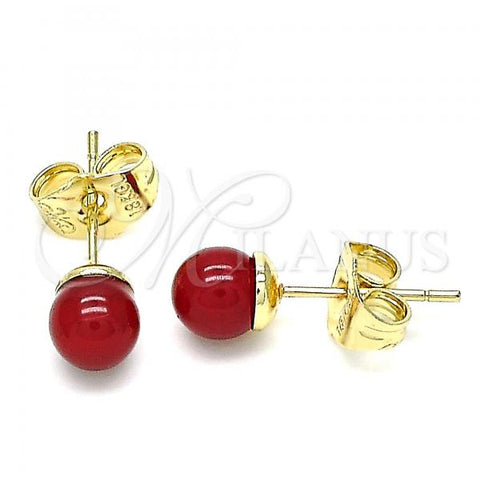 Oro Laminado Stud Earring, Gold Filled Style Ball Design, with Garnet Pearl, Polished, Golden Finish, 02.63.2118.3