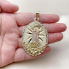 Oro Laminado Religious Pendant, Gold Filled Style Guadalupe and Flower Design, Diamond Cutting Finish, Tricolor, 05.213.0056.1