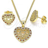 Oro Laminado Earring and Pendant Adult Set, Gold Filled Style Heart Design, with Garnet and White Micro Pave, Polished, Golden Finish, 10.156.0306.1