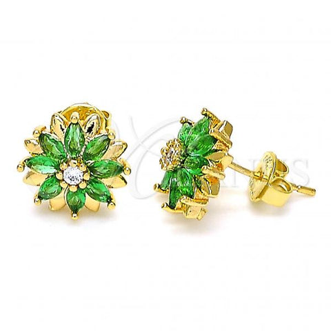 Oro Laminado Stud Earring, Gold Filled Style Flower Design, with Green and White Cubic Zirconia, Polished, Golden Finish, 02.310.0023