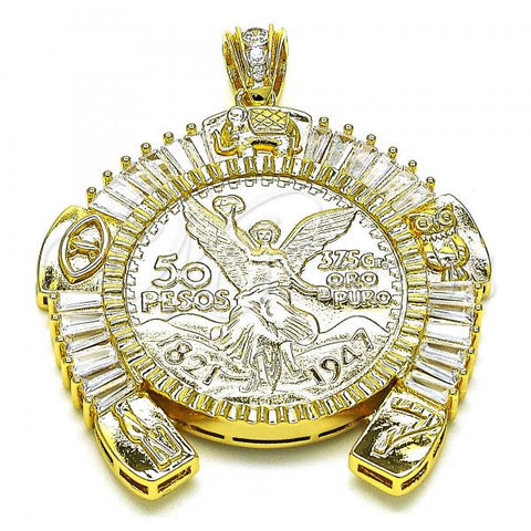 Oro Laminado Religious Pendant, Gold Filled Style Centenario Coin and Horseshoe Design, with White Cubic Zirconia, Polished, Golden Finish, 05.253.0173