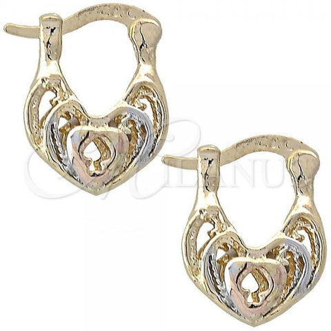 Oro Laminado Small Hoop, Gold Filled Style Heart and Filigree Design, Diamond Cutting Finish, Tricolor, 5.154.001.1