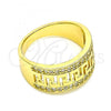 Oro Laminado Multi Stone Ring, Gold Filled Style Greek Key Design, with White Cubic Zirconia, Polished, Golden Finish, 01.210.0114.09