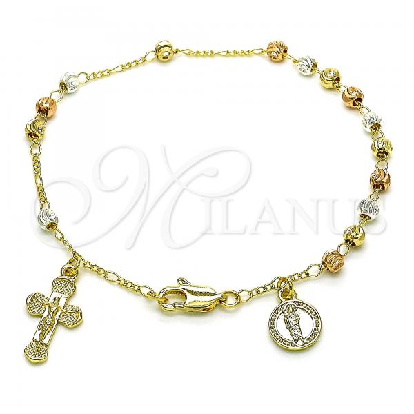 Oro Laminado Charm Bracelet, Gold Filled Style San Judas and Crucifix Design, Diamond Cutting Finish, Tricolor, 03.253.0090.08