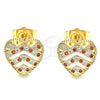 Oro Laminado Stud Earring, Gold Filled Style Heart Design, with Garnet and White Micro Pave, Polished, Golden Finish, 02.156.0496.1