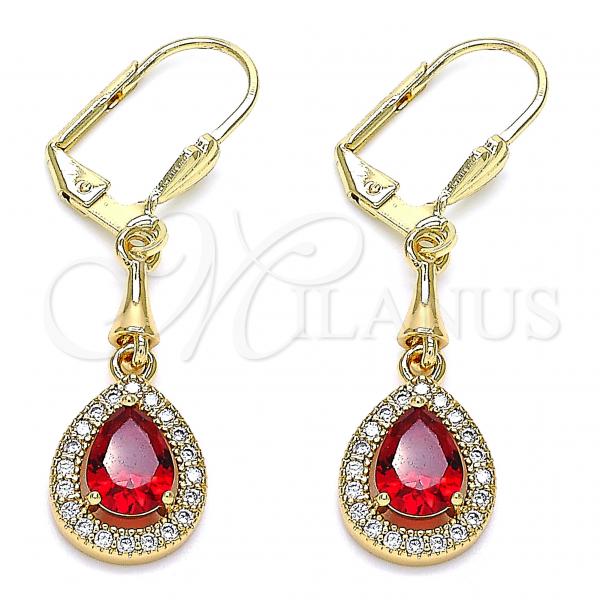 Oro Laminado Long Earring, Gold Filled Style Teardrop Design, with Garnet Cubic Zirconia and White Micro Pave, Polished, Golden Finish, 02.213.0334.5