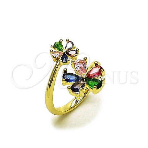 Oro Laminado Multi Stone Ring, Gold Filled Style Flower Design, with Multicolor Cubic Zirconia, Polished, Golden Finish, 01.196.0040