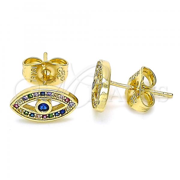 Oro Laminado Stud Earring, Gold Filled Style Evil Eye Design, with Multicolor Micro Pave, Polished, Golden Finish, 02.156.0548.1