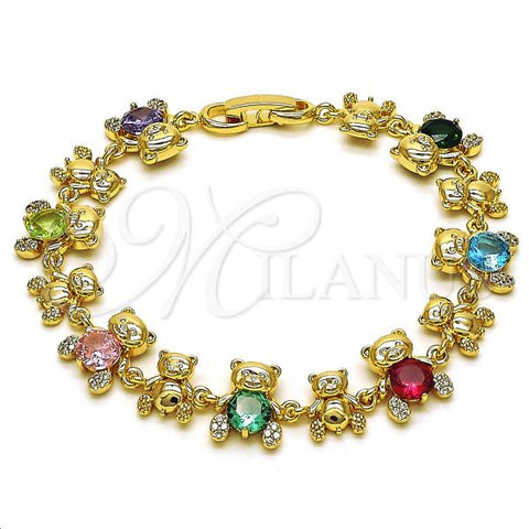 Oro Laminado Fancy Bracelet, Gold Filled Style Teddy Bear Design, with Multicolor Cubic Zirconia and White Micro Pave, Polished, Golden Finish, 03.283.0302.1.07