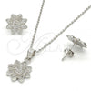 Sterling Silver Earring and Pendant Adult Set, Flower Design, with White Micro Pave, Polished, Rhodium Finish, 10.174.0208