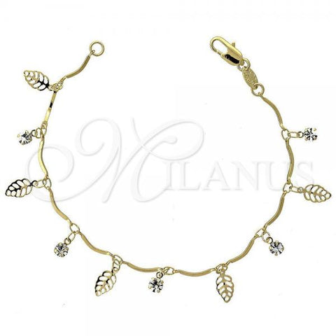 Oro Laminado Charm Bracelet, Gold Filled Style Leaf Design, with White Cubic Zirconia, Polished, Golden Finish, 03.63.0204.07