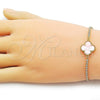 Oro Laminado Adjustable Bolo Bracelet, Gold Filled Style Four-leaf Clover and Box Design, with Pink Mother of Pearl and White Cubic Zirconia, Polished, Golden Finish, 03.341.0235.2.11