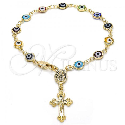 Oro Laminado Bracelet Rosary, Gold Filled Style Caridad del Cobre and Crucifix Design, Multicolor Resin Finish, Golden Finish, 09.63.0113.08