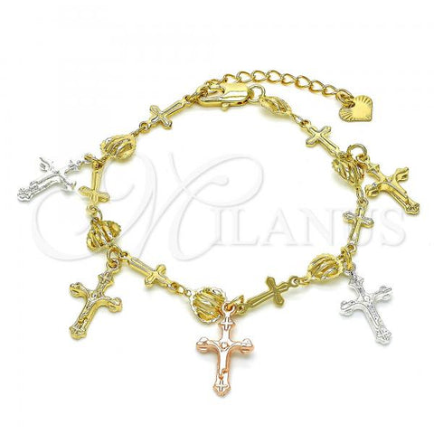 Oro Laminado Charm Bracelet, Gold Filled Style Crucifix and Cross Design, Polished, Tricolor, 03.351.0029.07