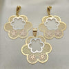 Oro Laminado Earring and Pendant Adult Set, Gold Filled Style Flower Design, Tricolor, 5.041.002