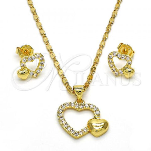 Oro Laminado Earring and Pendant Adult Set, Gold Filled Style Heart Design, with White Cubic Zirconia, Polished, Golden Finish, 10.199.0006