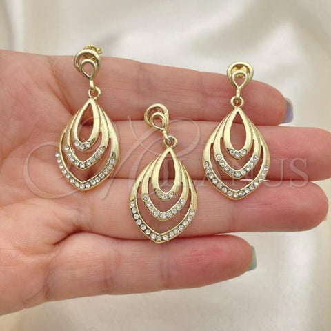Oro Laminado Earring and Pendant Adult Set, Gold Filled Style Teardrop Design, with White Crystal, Polished, Golden Finish, 10.59.0108