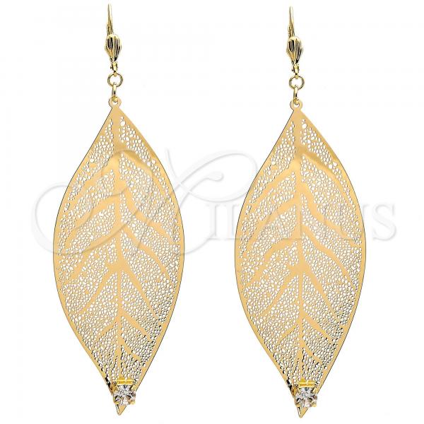 Oro Laminado Dangle Earring, Gold Filled Style Leaf and Filigree Design, with White Crystal, Polished, Golden Finish, 65.001