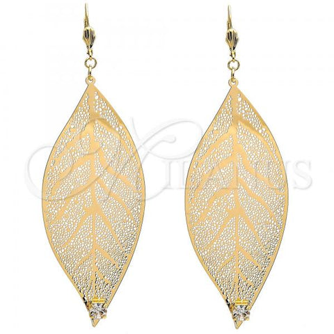 Oro Laminado Dangle Earring, Gold Filled Style Leaf and Filigree Design, with White Crystal, Polished, Golden Finish, 65.001