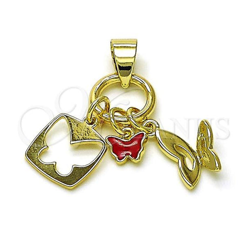 Oro Laminado Fancy Pendant, Gold Filled Style Butterfly Design, Red Enamel Finish, Golden Finish, 05.213.0155