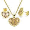 Oro Laminado Earring and Pendant Adult Set, Gold Filled Style Heart Design, with Ruby Micro Pave, Polished, Golden Finish, 10.156.0274.1