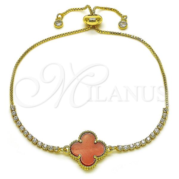 Oro Laminado Adjustable Bolo Bracelet, Gold Filled Style Four-leaf Clover and Box Design, with White Cubic Zirconia and Garnet Mother of Pearl, Polished, Golden Finish, 03.341.0235.1.11