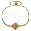 Oro Laminado Adjustable Bolo Bracelet, Gold Filled Style Four-leaf Clover and Box Design, with White Cubic Zirconia and Garnet Mother of Pearl, Polished, Golden Finish, 03.341.0235.1.11