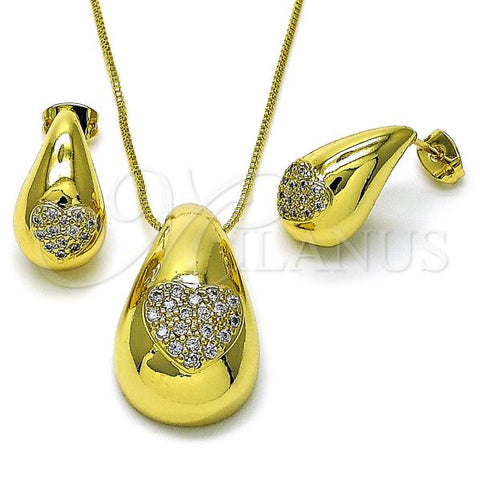 Oro Laminado Earring and Pendant Adult Set, Gold Filled Style Teardrop and Heart Design, with White Cubic Zirconia, Polished, Golden Finish, 10.313.0005