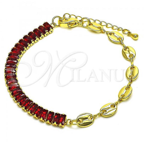 Oro Laminado Fancy Bracelet, Gold Filled Style Puff Mariner Design, with Garnet Cubic Zirconia, Polished, Golden Finish, 03.341.0168.2.07