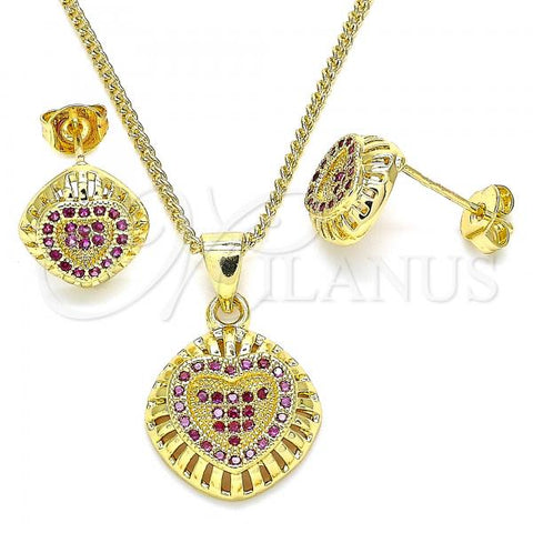 Oro Laminado Earring and Pendant Adult Set, Gold Filled Style Heart Design, with Ruby Micro Pave, Polished, Golden Finish, 10.156.0170.2