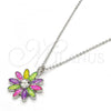 Rhodium Plated Pendant Necklace, Flower Design, with White Crystal, Multicolor Enamel Finish, Rhodium Finish, 04.213.0040.16