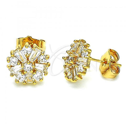 Oro Laminado Stud Earring, Gold Filled Style Flower Design, with White Cubic Zirconia, Polished, Golden Finish, 02.387.0086