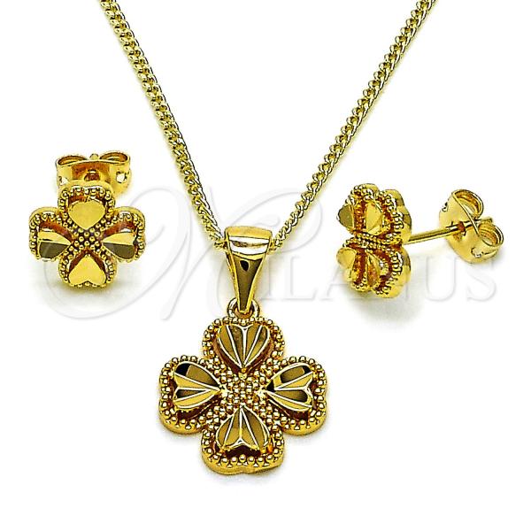 Oro Laminado Earring and Pendant Adult Set, Gold Filled Style Four-leaf Clover and Heart Design, Diamond Cutting Finish, Golden Finish, 10.342.0204