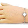 Oro Laminado Fancy Bracelet, Gold Filled Style Four-leaf Clover Design, with Ivory Mother of Pearl and White Cubic Zirconia, Polished, Golden Finish, 03.284.0047.07