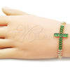 Oro Laminado Fancy Bracelet, Gold Filled Style Cross and Baguette Design, with Green Cubic Zirconia, Polished, Golden Finish, 03.424.0006.2.08