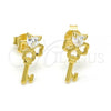 Sterling Silver Stud Earring, key and Heart Design, with White Cubic Zirconia, Polished, Golden Finish, 02.285.0072