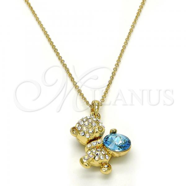 Oro Laminado Pendant Necklace, Gold Filled Style Teddy Bear Design, with Aquamarine and Aurore Boreale Swarovski Crystals, Polished, Golden Finish, 04.239.0041.5.18