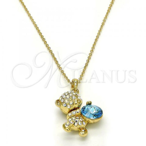 Oro Laminado Pendant Necklace, Gold Filled Style Teddy Bear Design, with Aquamarine and Aurore Boreale Swarovski Crystals, Polished, Golden Finish, 04.239.0041.5.18