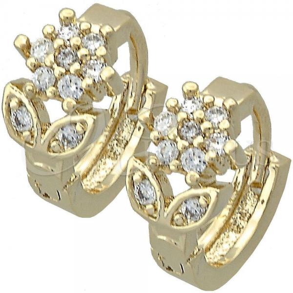 Oro Laminado Huggie Hoop, Gold Filled Style Flower Design, with White Cubic Zirconia, Polished, Golden Finish, 5.130.035.2