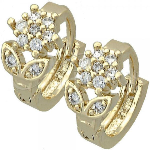 Oro Laminado Huggie Hoop, Gold Filled Style Flower Design, with White Cubic Zirconia, Polished, Golden Finish, 5.130.035.2