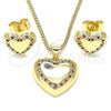 Oro Laminado Earring and Pendant Adult Set, Gold Filled Style Heart Design, with Garnet and White Micro Pave, Polished, Golden Finish, 10.156.0330.1