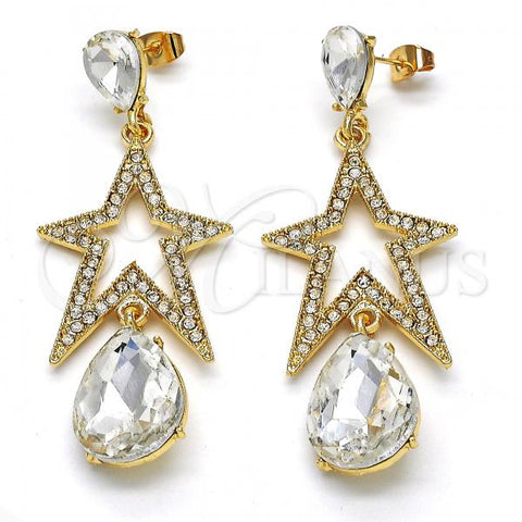 Oro Laminado Long Earring, Gold Filled Style Star and Teardrop Design, with White Crystal, Polished, Golden Finish, 02.268.0053