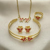 Oro Laminado Necklace, Bracelet, Earring and Ring, Gold Filled Style Butterfly Design, Red Enamel Finish, Golden Finish, 06.361.0038