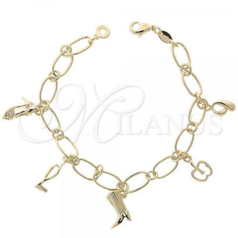 Oro Laminado Charm Bracelet, Gold Filled Style Apple and Shoes Design, Diamond Cutting Finish, Golden Finish, 5.021.010.1