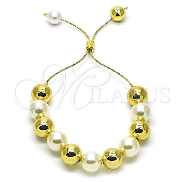 Oro Laminado Adjustable Bolo Bracelet, Gold Filled Style Ball and Rat Tail Design, with Ivory Pearl, Polished, Golden Finish, 03.417.0003.11