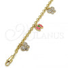 Oro Laminado Charm Bracelet, Gold Filled Style Butterfly and Rolo Design, with White Crystal, Pink Enamel Finish, Golden Finish, 03.63.1363.07